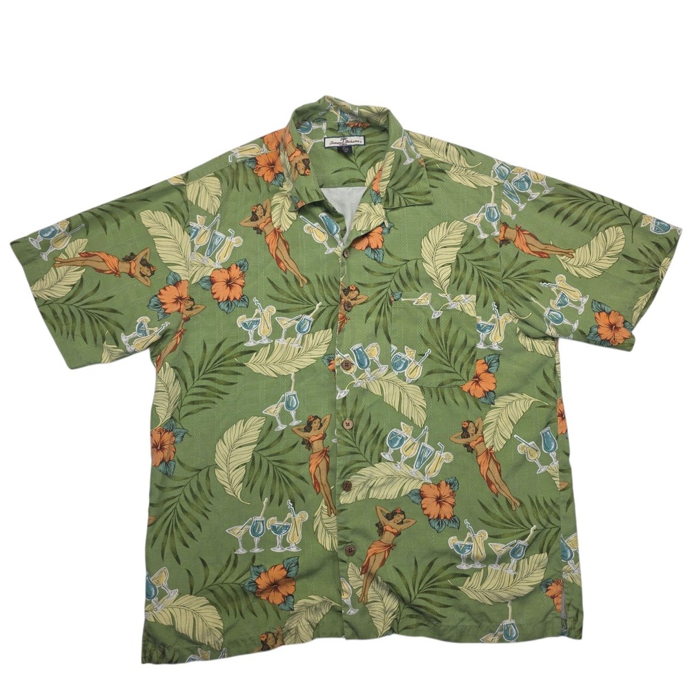 Tommy Bahama Mens XL Silk Hula Girl Cocktail Tropical Camp Shirt Green